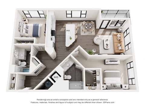 Floor plan for 2 beds, 2 baths, 1218 sqft